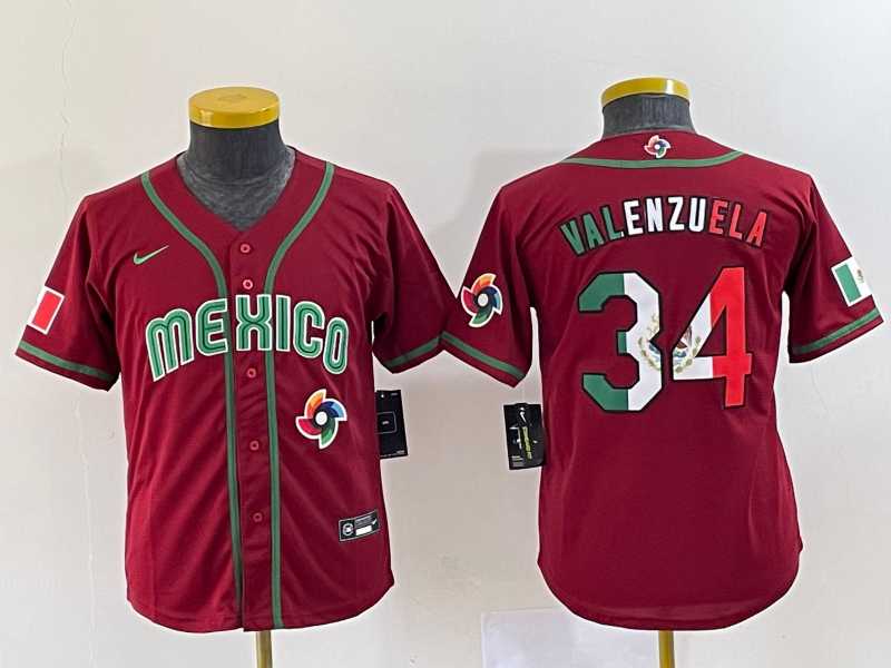 Youth Mexico Baseball #34 Fernando Valenzuela 2023 Red World Classic Stitched Jersey10